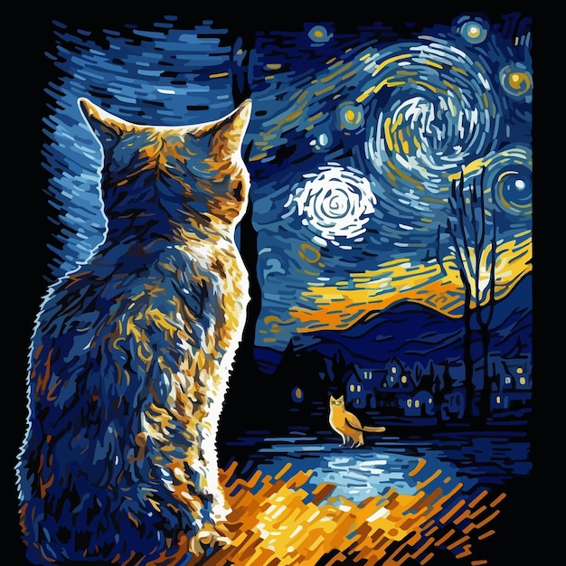 Grillige kat staart in de sterrenhemel te midden van een levendige, op Van Gogh geïnspireerde hemel