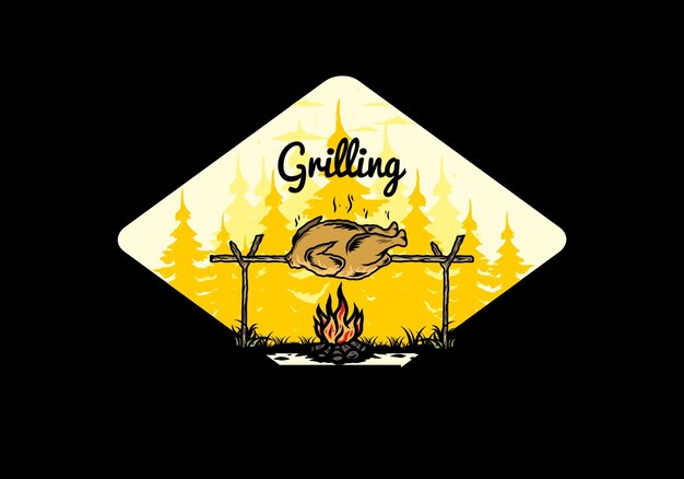 Grilling chicken over bonfire illustration design