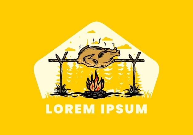 Grilling chicken over bonfire illustration design