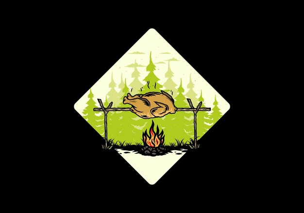 Grilling chicken over bonfire illustration design