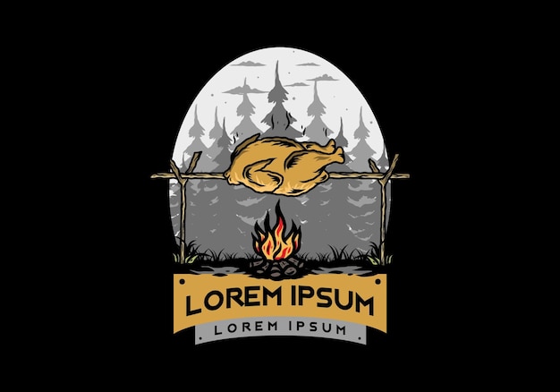 Grilling chicken over bonfire illustration design