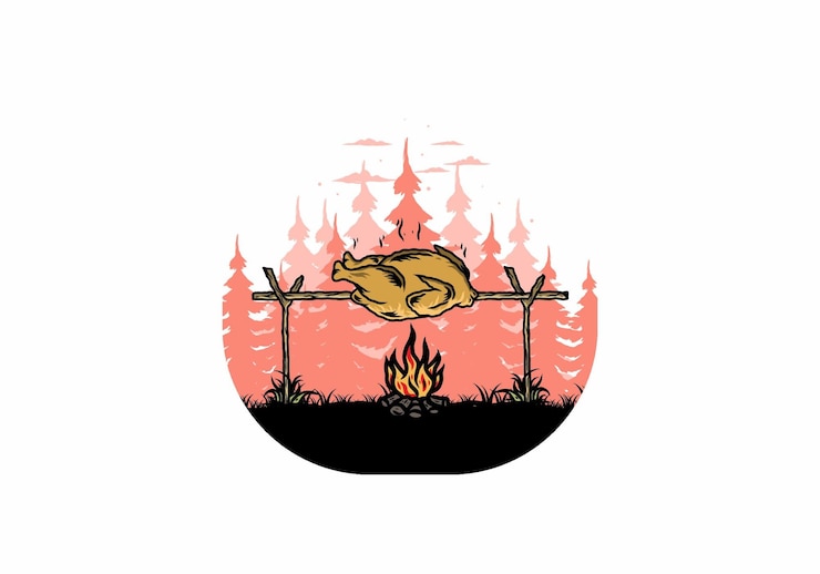 Vector grilling chicken over bonfire illustration design