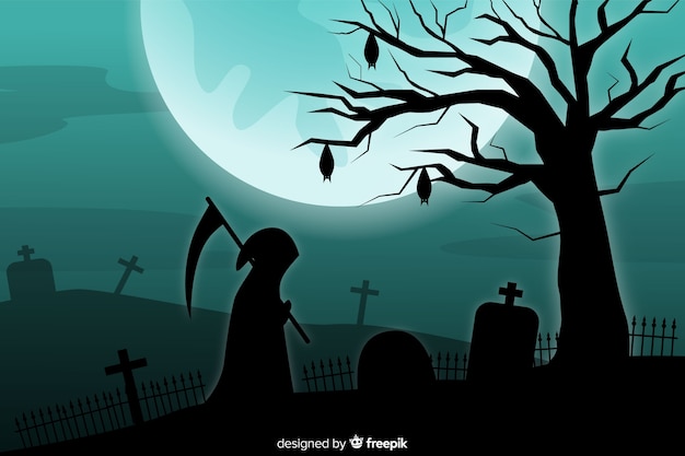 Вектор Мрачный жнец и полная луна на фоне кладбища
