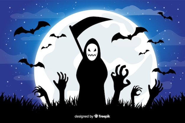 Vector grim reaper and bats on full moon background