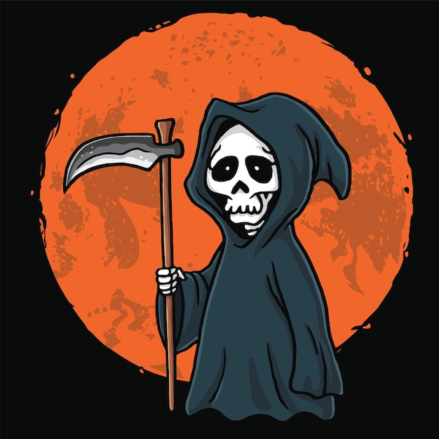 Vector grim reaper cartoon met maan achtergrond halloween kaart uitnodiging vector ontwerp illustratie