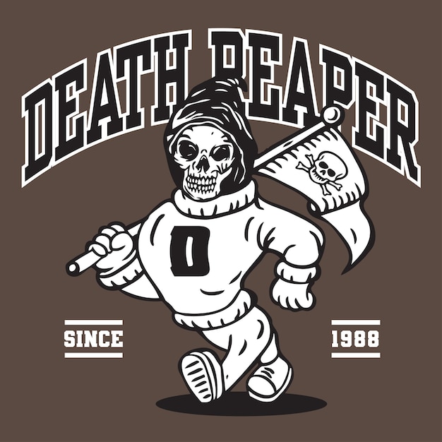 Vettore il grim reaper morte mascotte character design in sport vintage stile atletico disegno a mano vettore