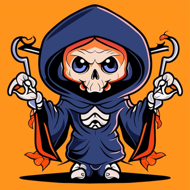 Vector grim reaper death stoner skull halloween hand drawn cartoon sticker icon concept illustration