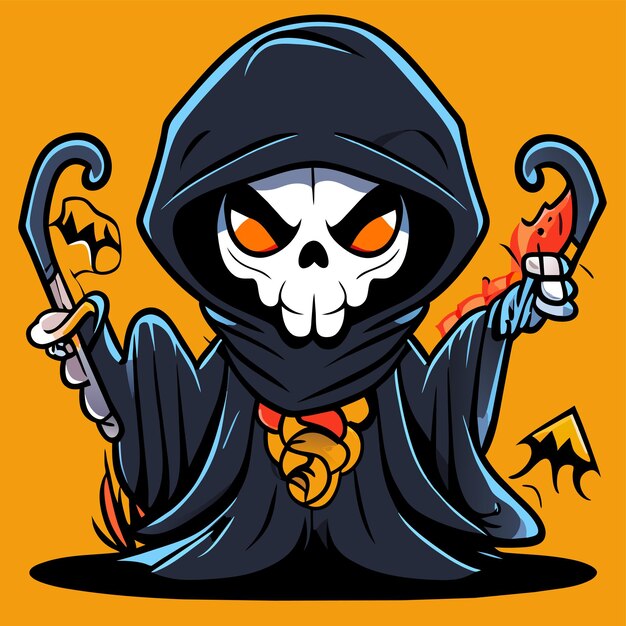 Grim reaper death stoner skull halloween hand drawn cartoon sticker icon concept illustration