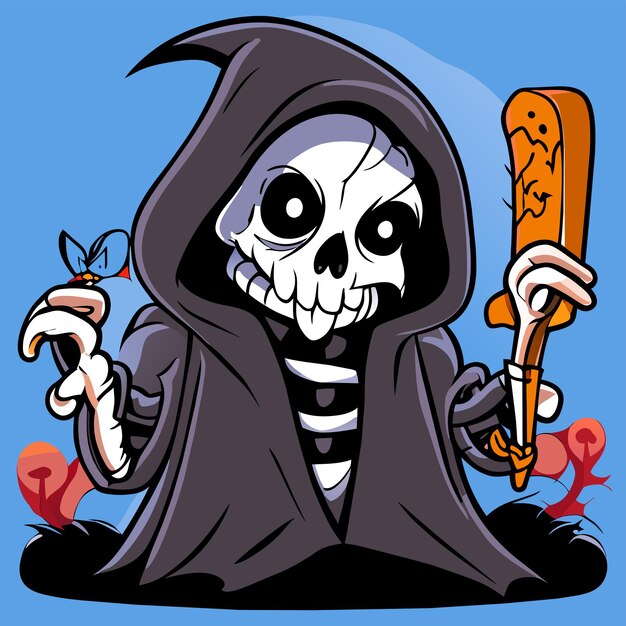 Vector grim reaper death stoner skull halloween hand drawn cartoon sticker icon concept illustration