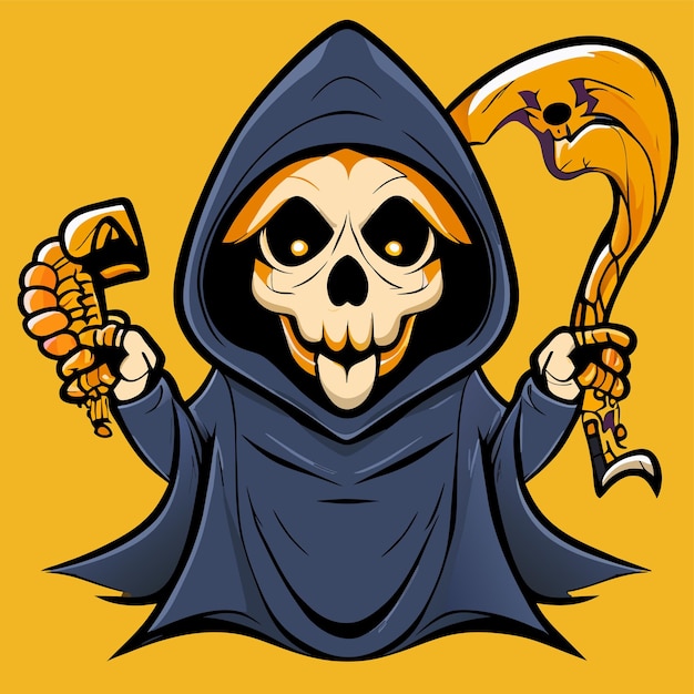 Grim reaper death stoner skull halloween hand drawn cartoon sticker icon concept illustration