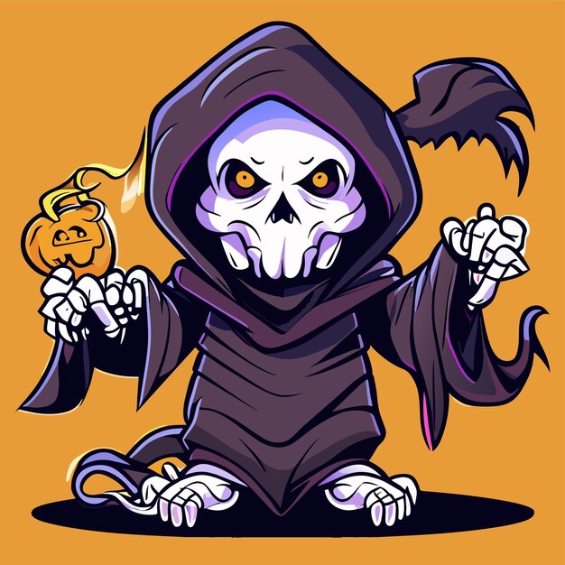 Vector grim reaper death stoner skull halloween hand drawn cartoon sticker icon concept illustration