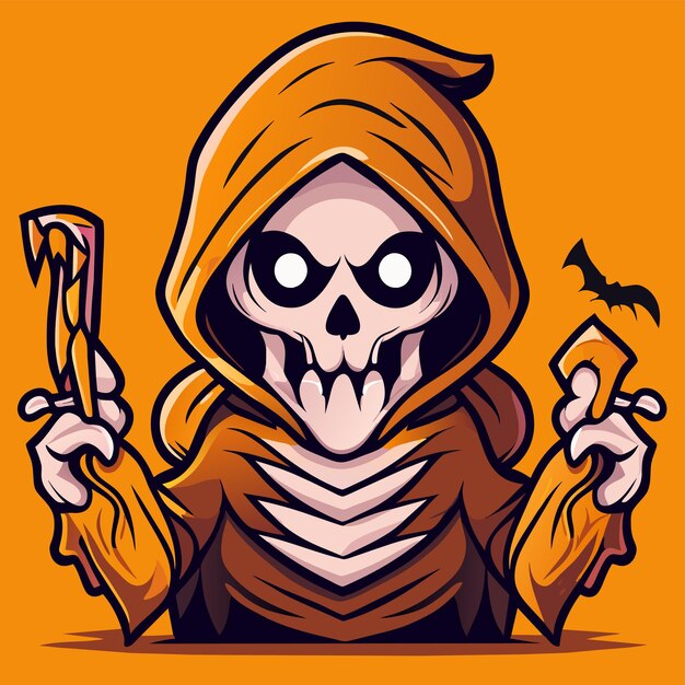 Grim reaper death stoner skull halloween hand drawn cartoon sticker icon concept illustration