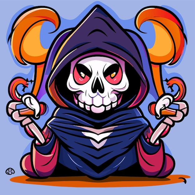 Vector grim reaper death stoner skull halloween hand drawn cartoon sticker icon concept illustration