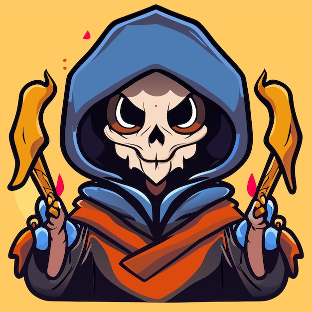 Vector grim reaper death stoner skull halloween hand drawn cartoon sticker icon concept illustration