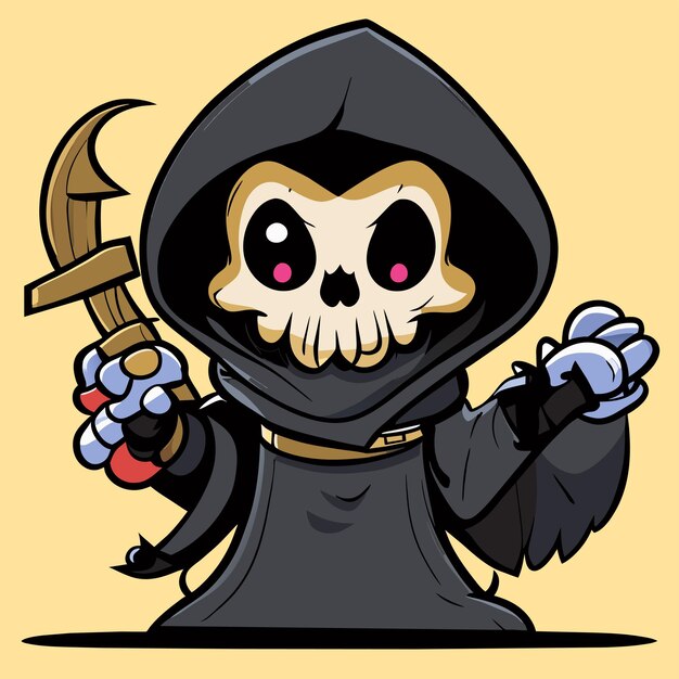 Vector grim reaper death stoner skull halloween hand drawn cartoon sticker icon concept illustration