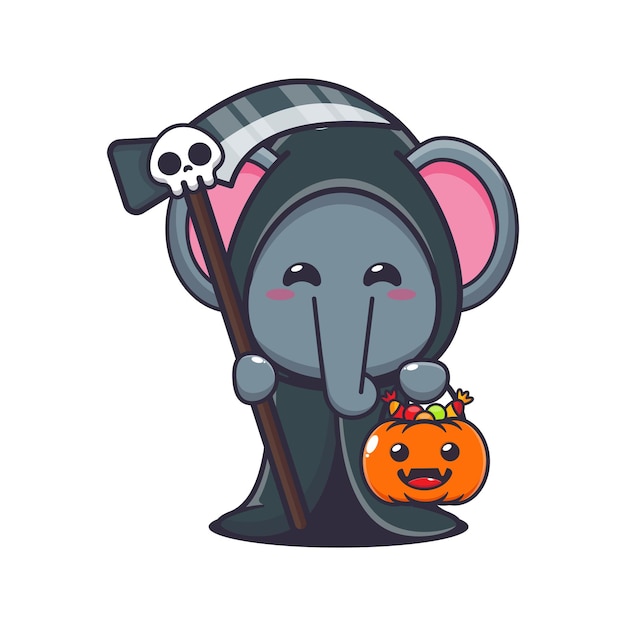 Grim reaper elephant holding scythe and halloween pumpkin