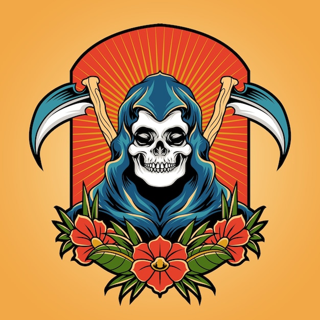 Vector grim reaper emblem in traditional tattoo style