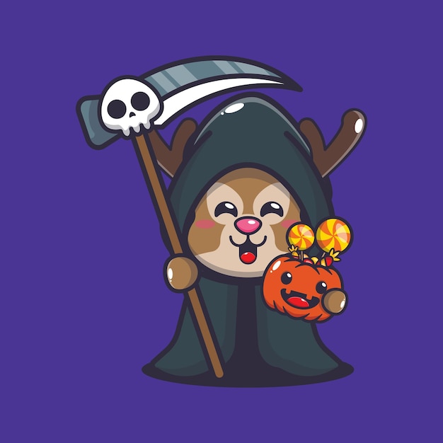 Grim reaper herten houden zeis en halloween pompoen. Leuke halloween-beeldverhaalillustratie.