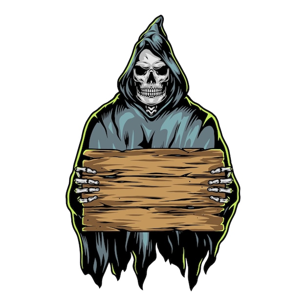 Grim reaper holding blank wooden board in vintage style