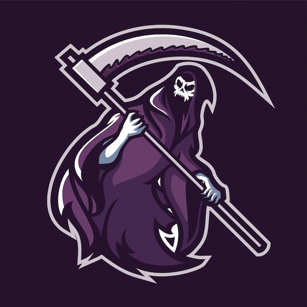 Grim reaper holding scythe esport gaming mascotte logo sjabloon