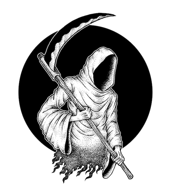 Vector grim reaper holding scythe pointillism illustration