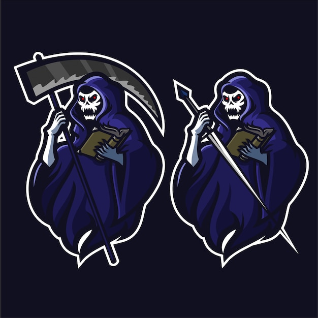 Grim reaper holding scythe / sword / book esport gaming mascotte logo sjabloon