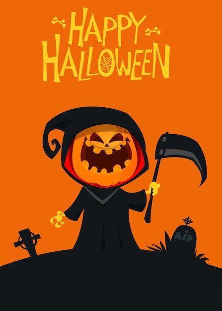 Grim reaper jackolantern cartoon design Vector illustration of a scarecrow holding scythe