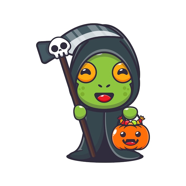 Grim reaper kikker met zeis en halloween-pompoen