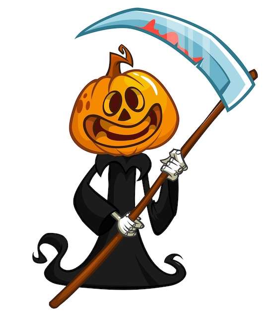 Grim reaper pompoen hoofd stripfiguur met zeis Halloween jack o lantern illustratie ontwerp voor uitnodiging voor feest of poster Vector vogelverschrikker