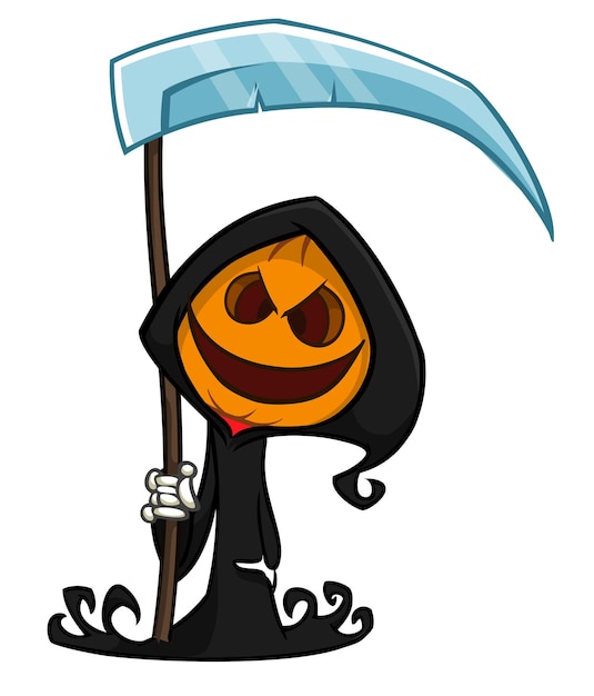 Grim reaper pompoen hoofd stripfiguur met zeis Halloween jack o lantern illustratie ontwerp voor uitnodiging voor feest of poster Vector vogelverschrikker