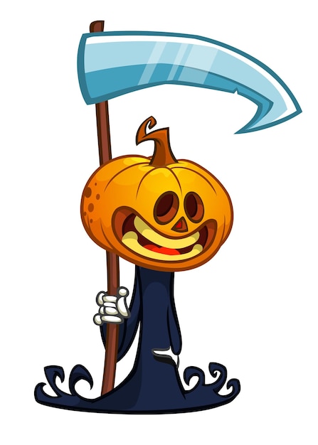 Personaggio dei cartoni animati di grim reaper testa di zucca con falce halloween jack o lantern design illustrazione per invito a una festa o poster spaventapasseri vettoriale