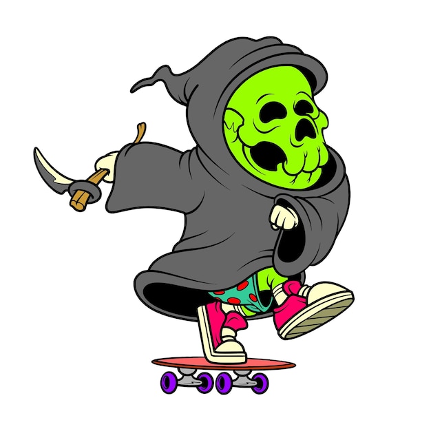 Grim reaper su skateboard in stile cartone animato