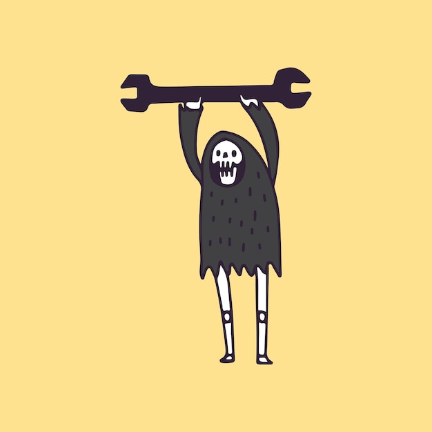Grim reaper teschio e chiave inglese, illustrazione per t-shirt, poster, adesivo.