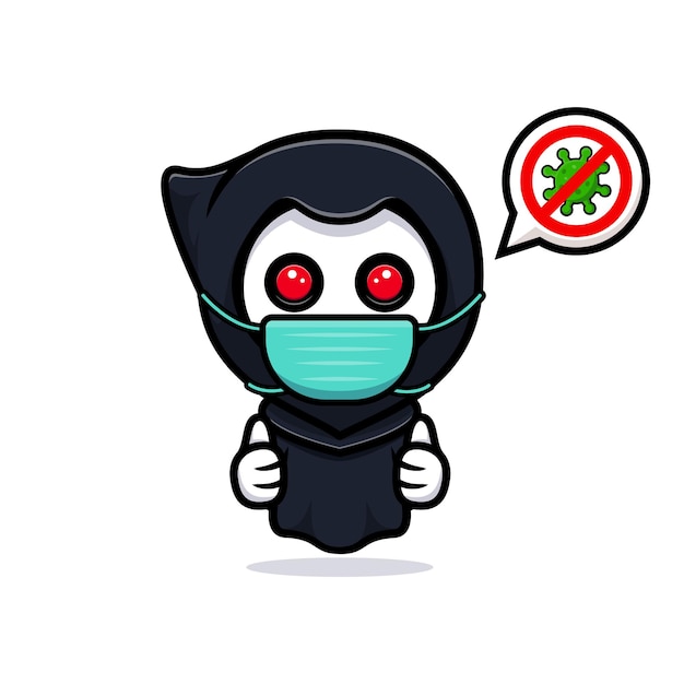 Grim reaper wearing mask to prevention virus. cute mascot illustration