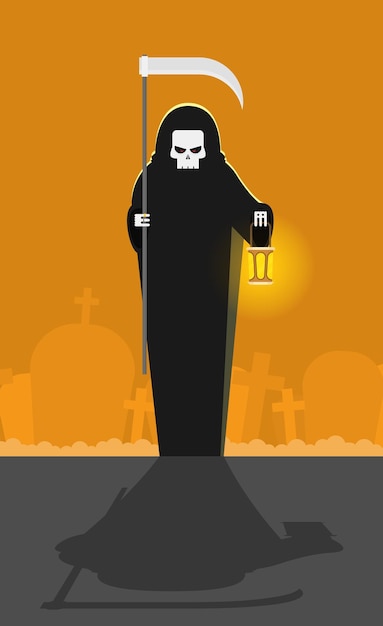 Мрачный жнец с косой и фонарем на хэллоуин персонаж плоской иллюстрации