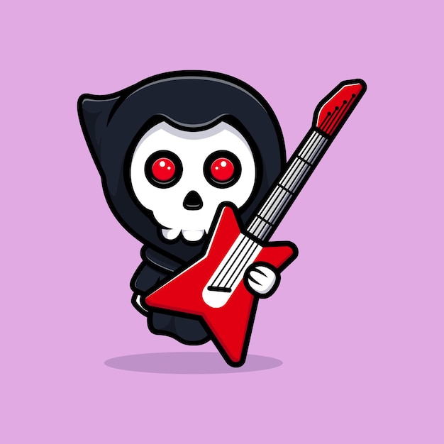 Vettore grim reaper con la chitarra. carino mascotte illustrazione