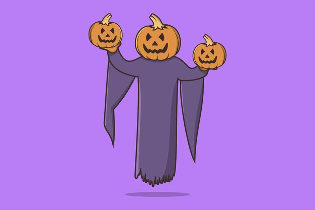 Grim reaper with pumpkin head holding pumpkin vector icon illustration. People holiday icon.