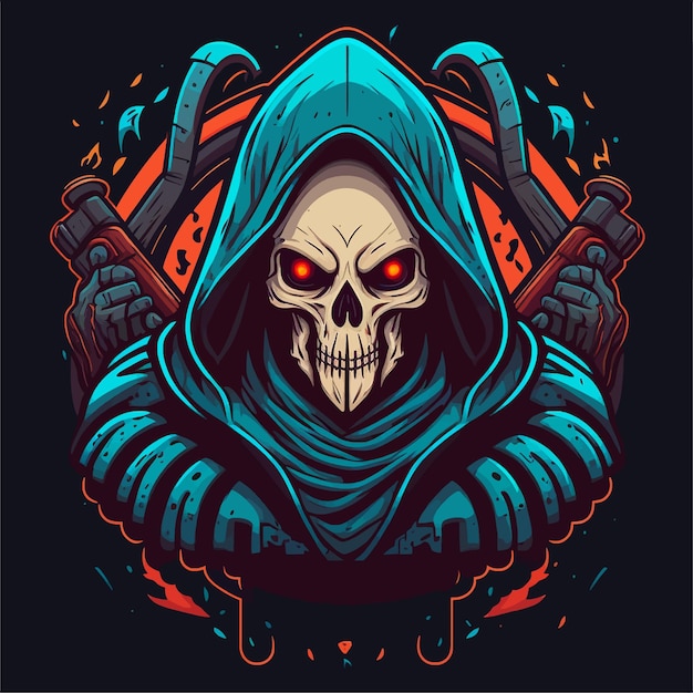 Grim Reaper с иллюстрацией красных глаз, дизайн талисмана киберспорта, шаблон игрового логотипа