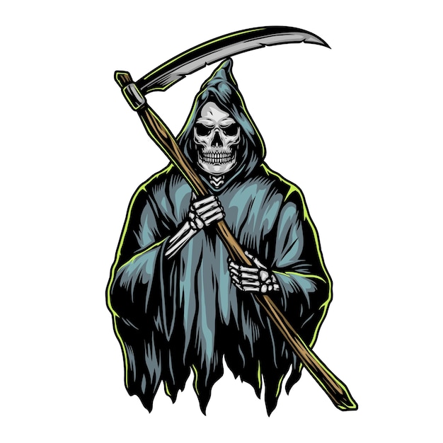 Grim reaper con illustrazione colorata falce in stile vintage