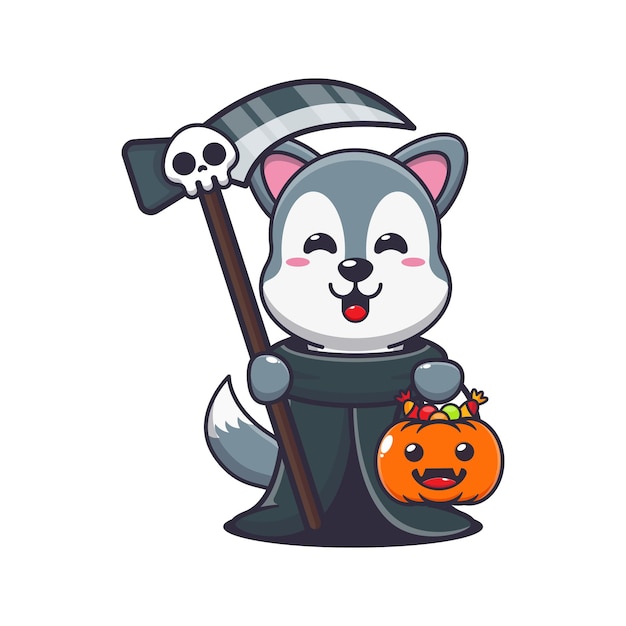 grim reaper wolf met zeis en halloween-pompoen