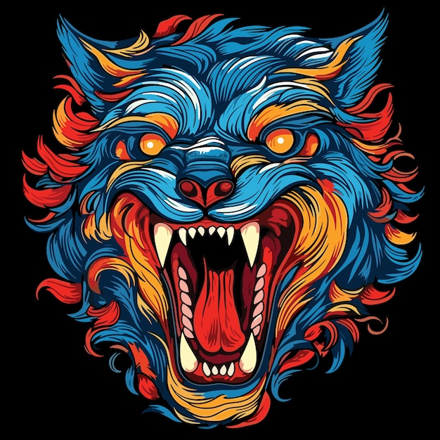 Vector the grin of a wild beast. isolated closeup portrait of evil and scary wolf with open jaws in vector art style. mythical creature of werewolf. template for t-shirt, sticker, etc.