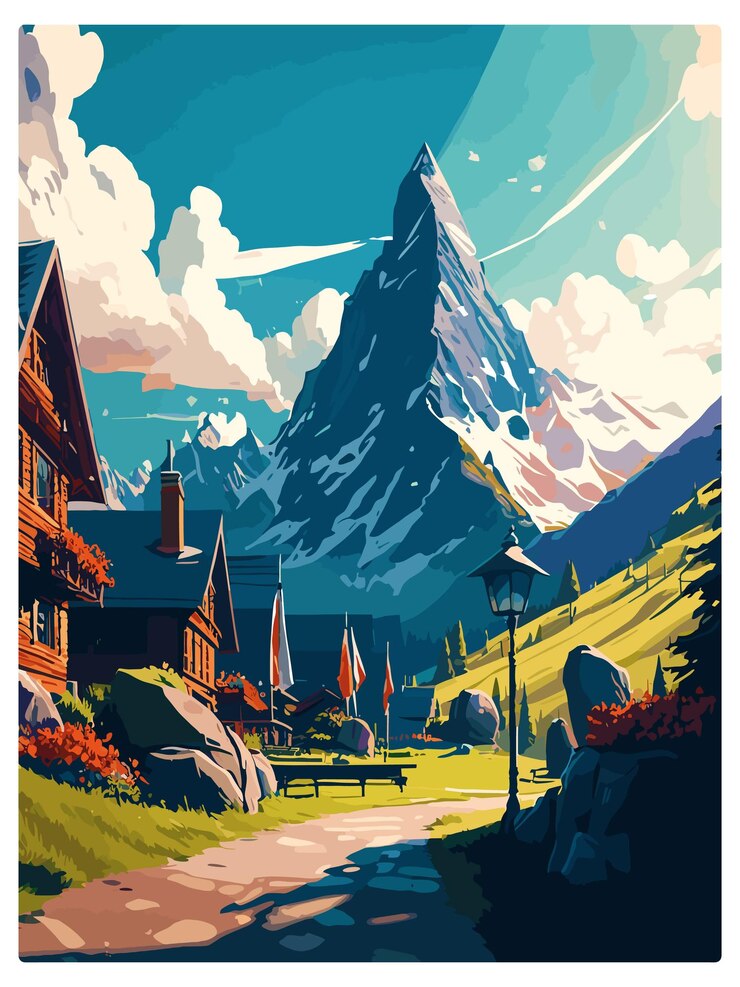 Vector grindelwald switzerland vintage travel poster souvenir postcard portrait painting wpa illustration
