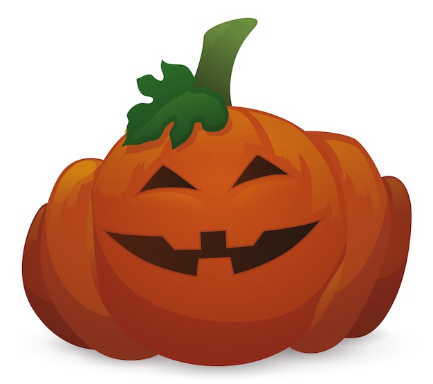 Zucca ghignante con gambo e foglia che celebra un felice halloween isolato su sfondo bianco