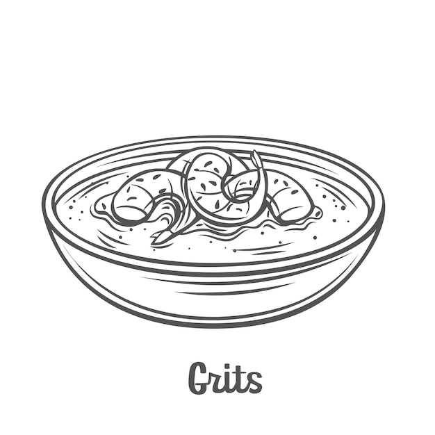 Grits with shrimp outline   icon. drawn boiled cornmeal porridge illustration.