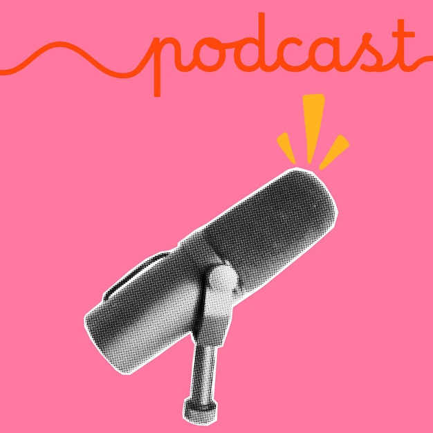 Gritty podcast cover template with pop art style halftone mic paper collage bright red background