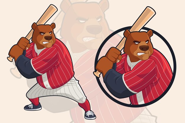 Grizzly bear in baseball uniform swinging baseball bat