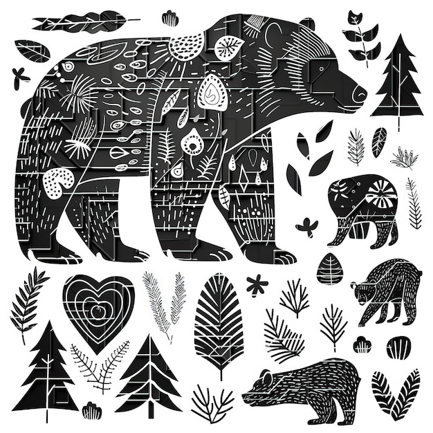 Vector grizzly bear flat vector lin set illustration high quality