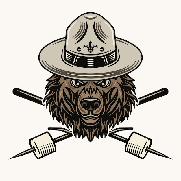 Vettore testa di orso grizzly con cappello scout e due marshmallow incrociati su bastoncini di legno illustrazione colorata vettoriale su sfondo chiaro