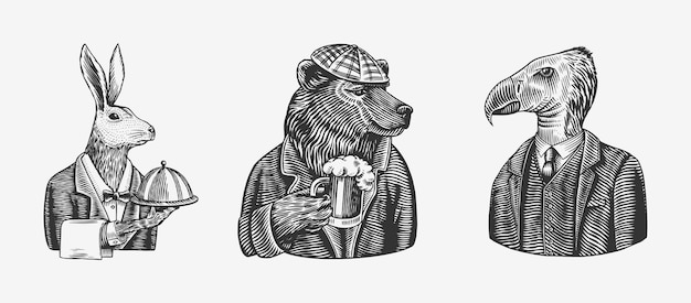 Vector grizzly bear met een bierpul. haas of konijn ober en vogel.