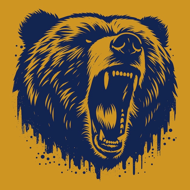 Grizzly bear roar face grunge vector shiluette